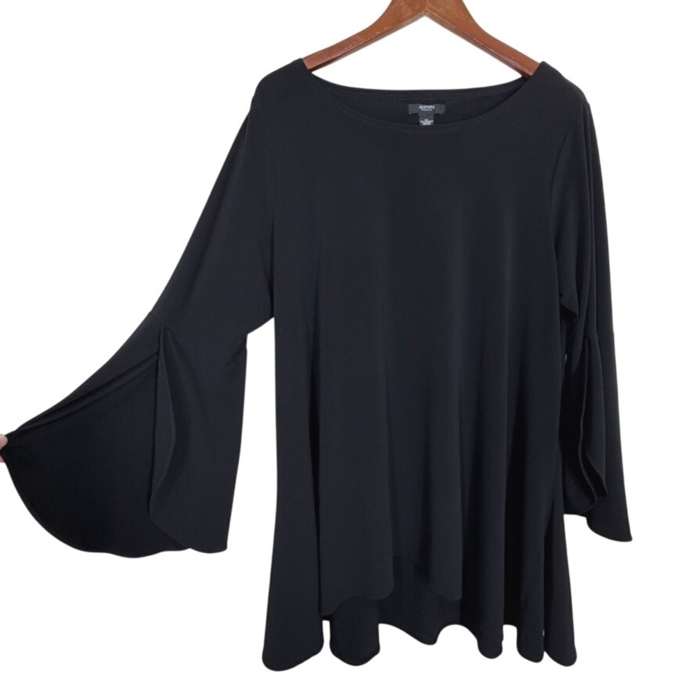 Alfani Woman Womens Tunic 1X Black Bell Sleeve High Low Hem Scoop Neck Blouse